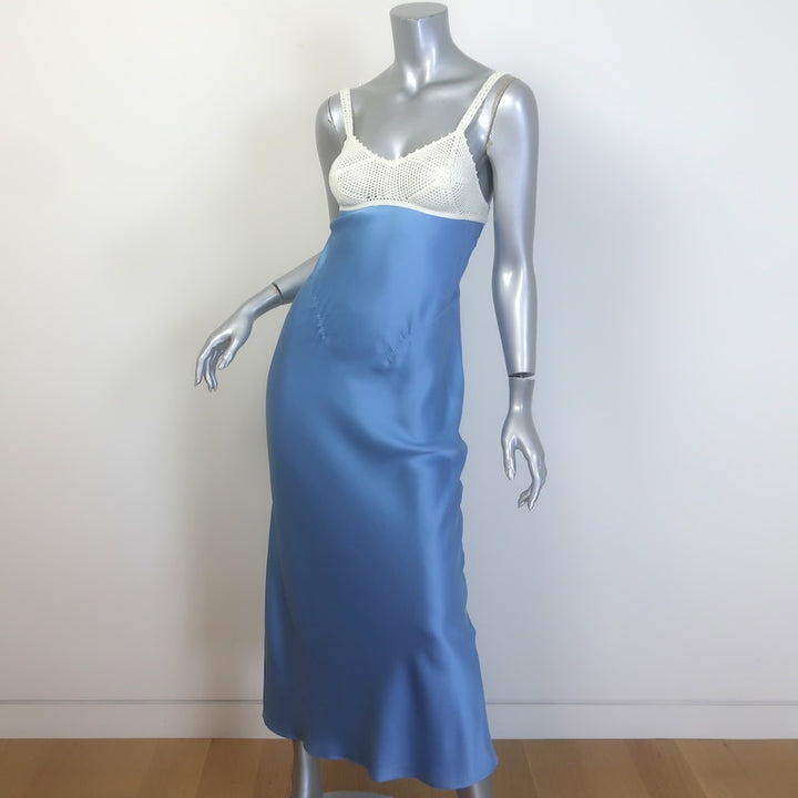 Anna October Waterlily Crochet-Bodice Midi Slip Dress Blue Satin Size Small NEW