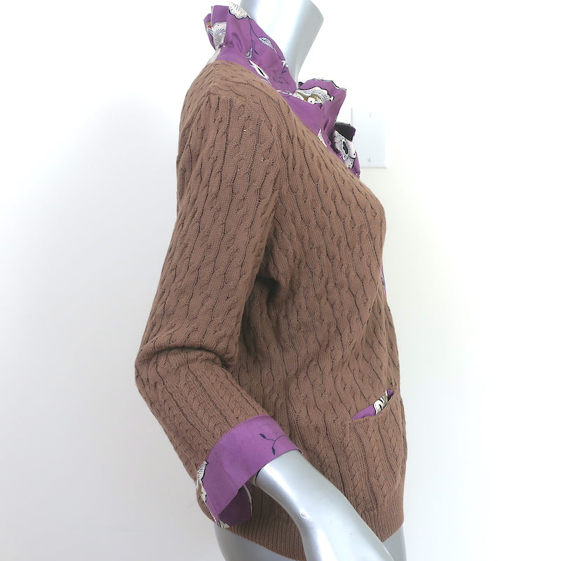 Etro Ruffled Silk-Trim Cardigan Brown Cotton Cable Knit Size 46