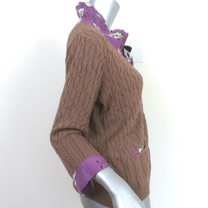 Etro Ruffled Silk-Trim Cardigan Brown Cotton Cable Knit Size 46