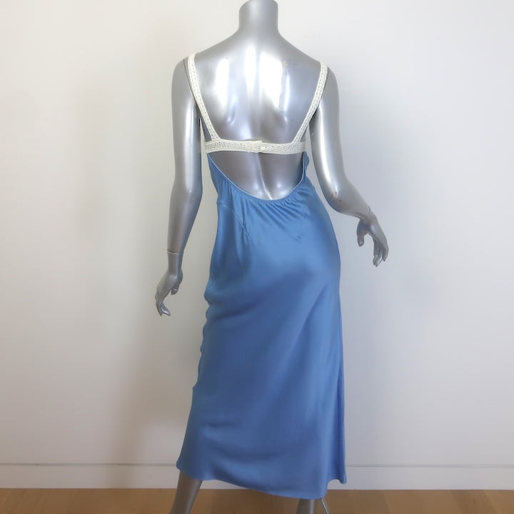 Anna October Waterlily Crochet-Bodice Midi Slip Dress Blue Satin Size Small NEW