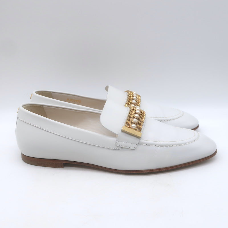 Chanel Pearl &amp; Chain-Embellished Loafers White Leather Size 39