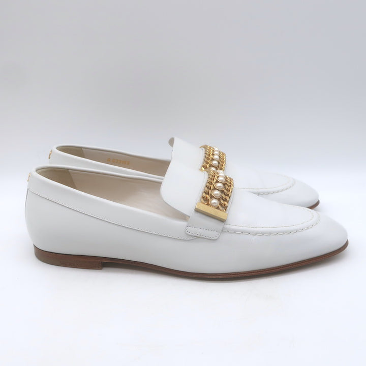 Chanel Pearl &amp; Chain-Embellished Loafers White Leather Size 39