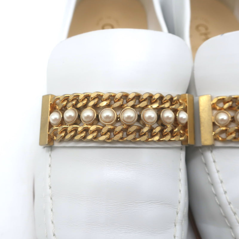 Chanel Pearl &amp; Chain-Embellished Loafers White Leather Size 39