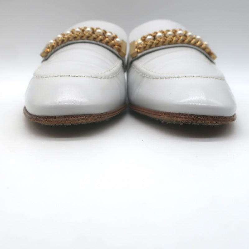 Chanel Pearl &amp; Chain-Embellished Loafers White Leather Size 39