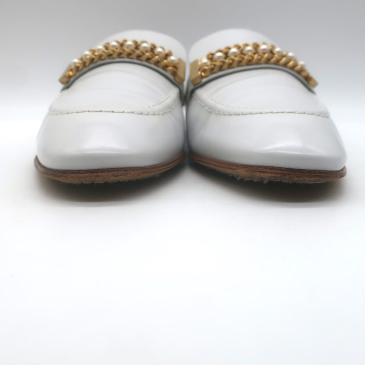 Chanel Pearl &amp; Chain-Embellished Loafers White Leather Size 39