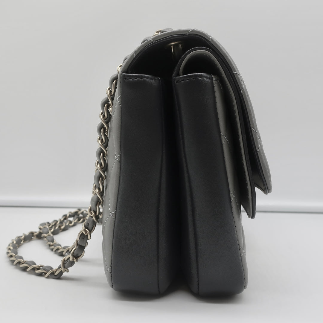 CHANEL TWO TONE DOUBLE FLAP BAG GRAY AND BLACK WITH LEATHER COVERED CC