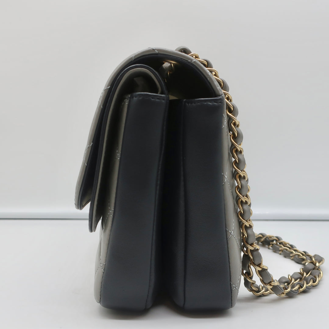 CHANEL TWO TONE DOUBLE FLAP BAG GRAY AND BLACK WITH LEATHER COVERED CC