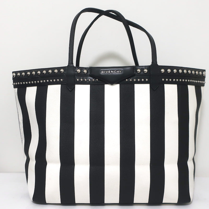 Givenchy Large Antigona Tote Black &amp; White Striped Coated Canvas Shoulder Bag
