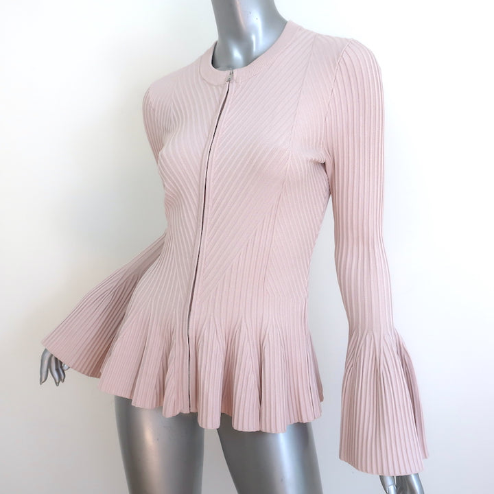 Jonathan Simkhai Zip-Front Peplum Cardigan Blush Ribbed Knit Size Medium