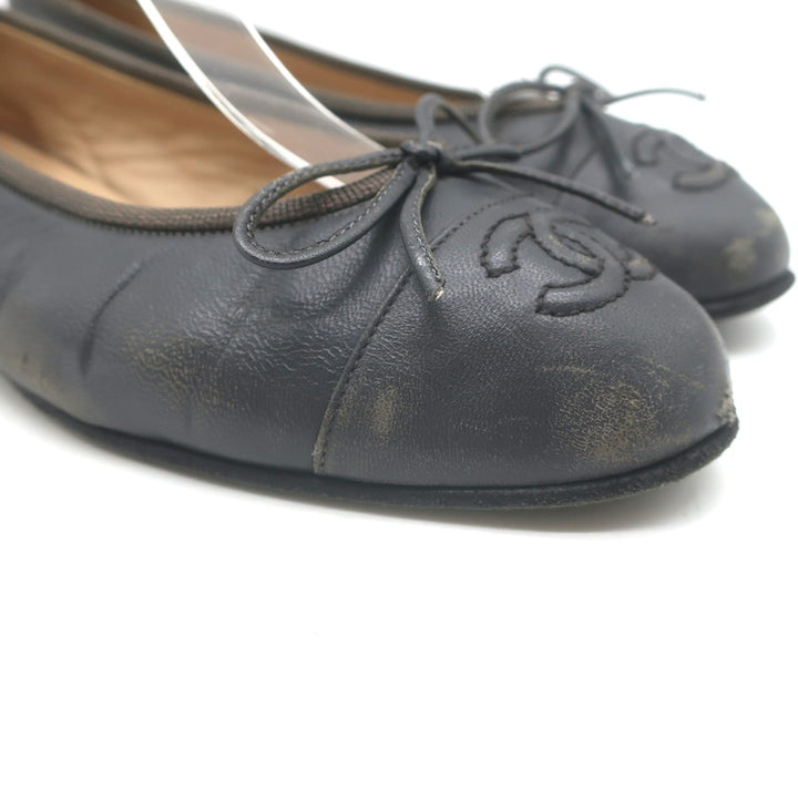 Chanel CC Cap Toe Ballet Flats Dark Gray Leather Size 36