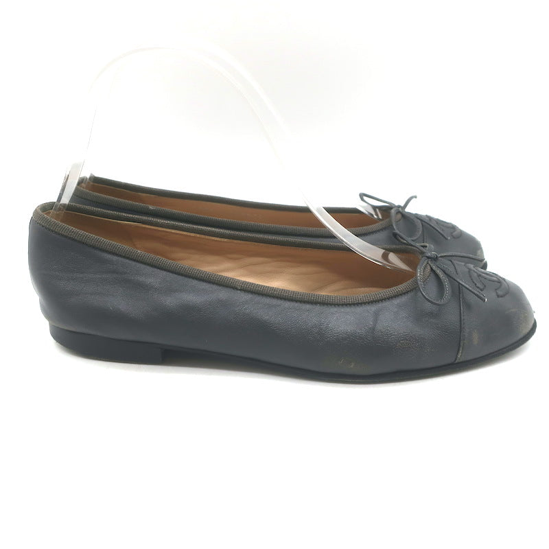 Chanel CC Cap Toe Ballet Flats Dark Gray Leather Size 36