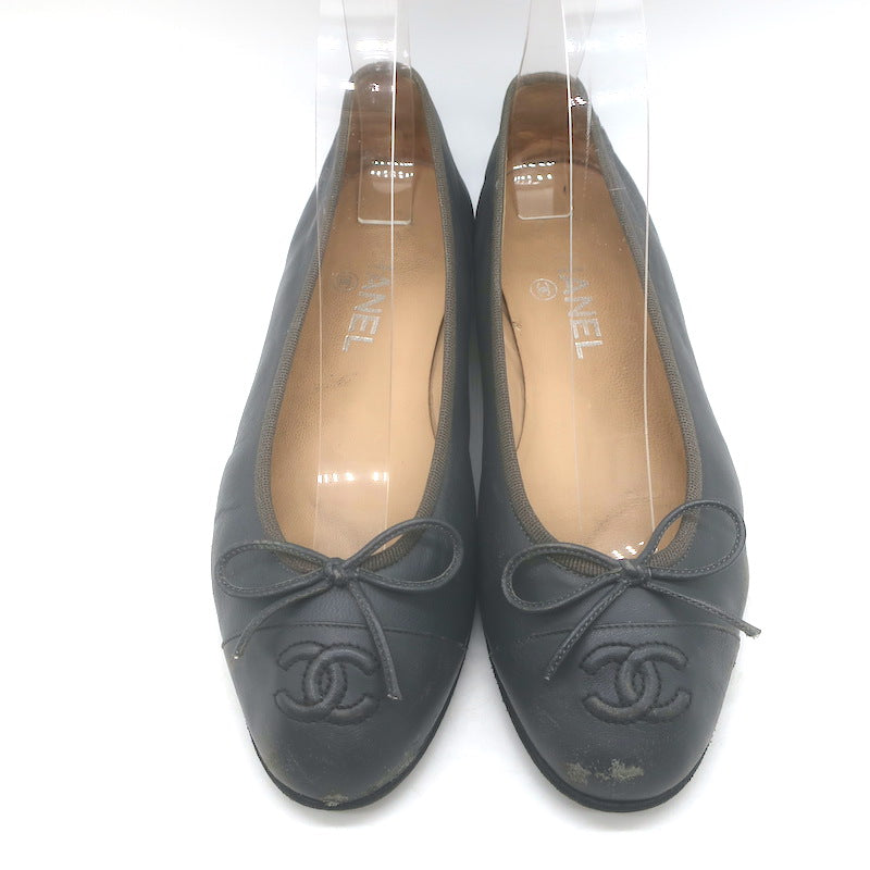Chanel CC Cap Toe Ballet Flats Dark Gray Leather Size 36