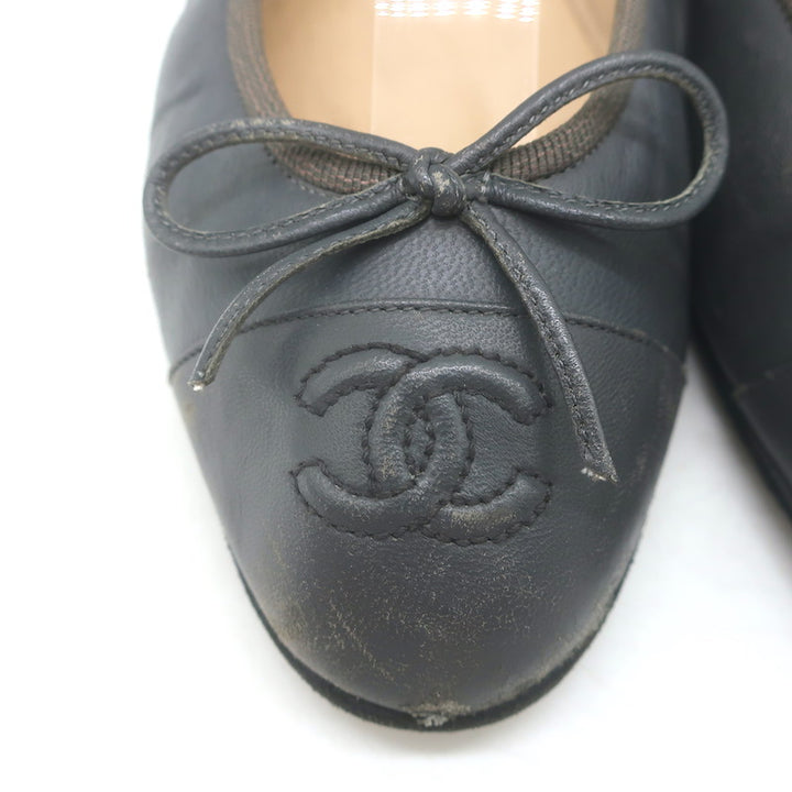 Chanel CC Cap Toe Ballet Flats Dark Gray Leather Size 36