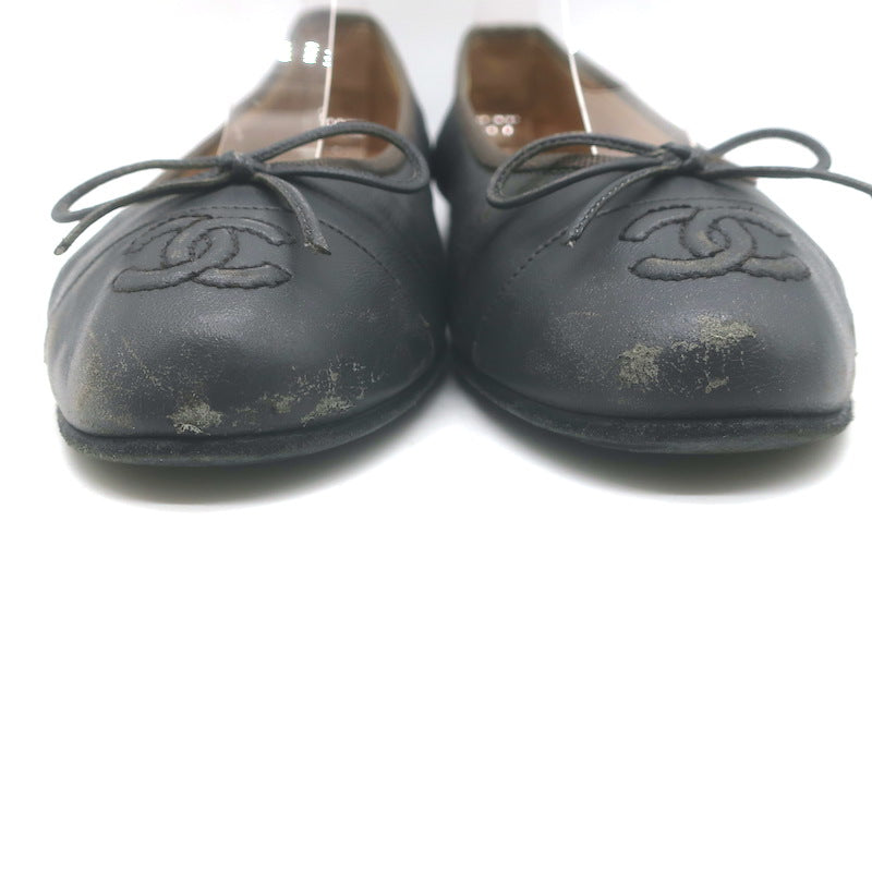 Chanel CC Cap Toe Ballet Flats Dark Gray Leather Size 36