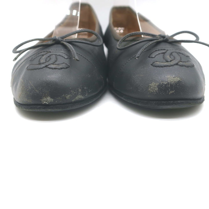 Chanel CC Cap Toe Ballet Flats Dark Gray Leather Size 36