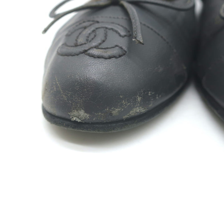 Chanel CC Cap Toe Ballet Flats Dark Gray Leather Size 36