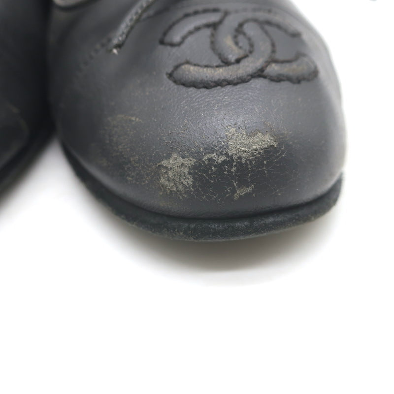 Chanel CC Cap Toe Ballet Flats Dark Gray Leather Size 36