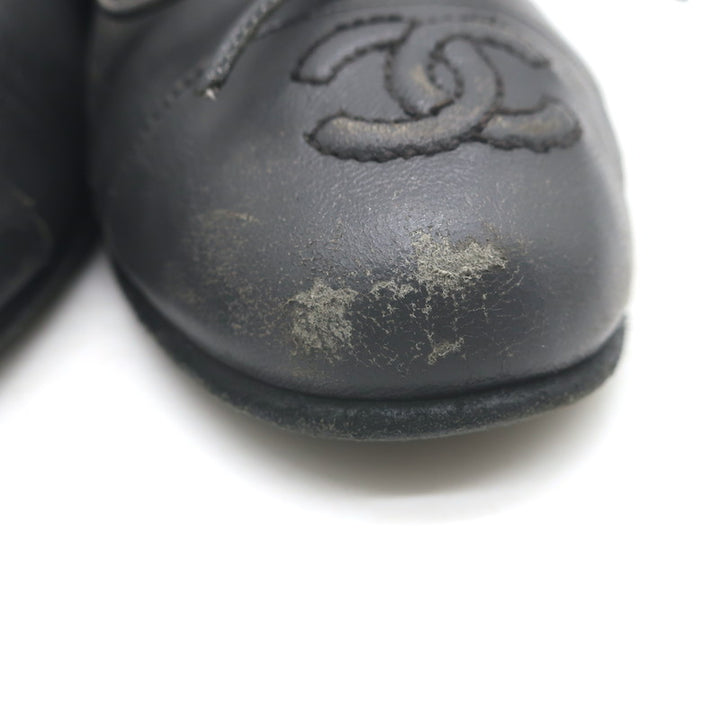 Chanel CC Cap Toe Ballet Flats Dark Gray Leather Size 36