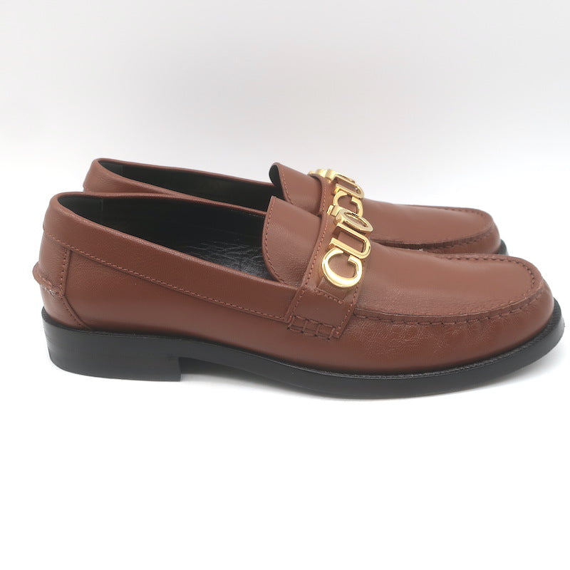 Gucci Cara Logo Loafers Brown Leather Size 39