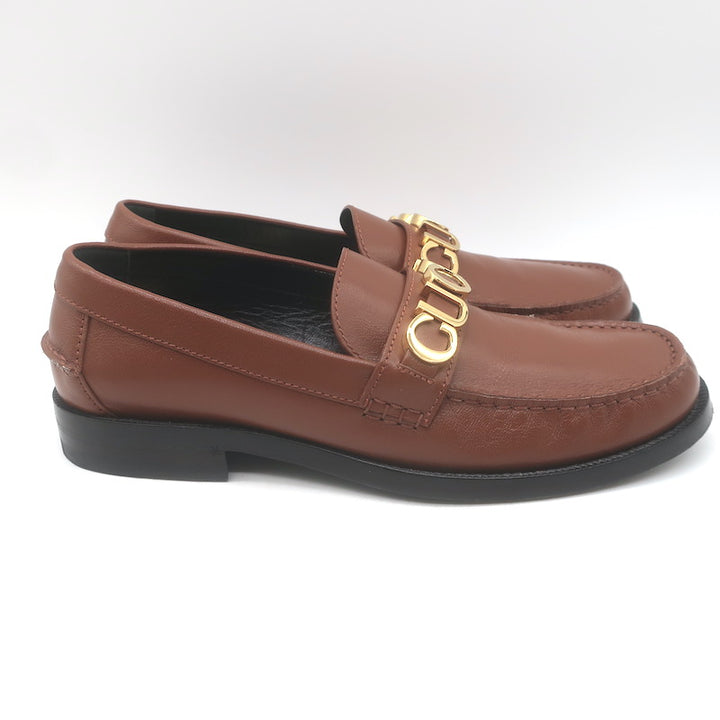Gucci Cara Logo Loafers Brown Leather Size 39