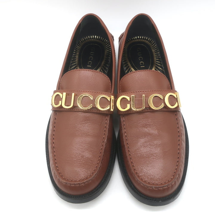 Gucci Cara Logo Loafers Brown Leather Size 39