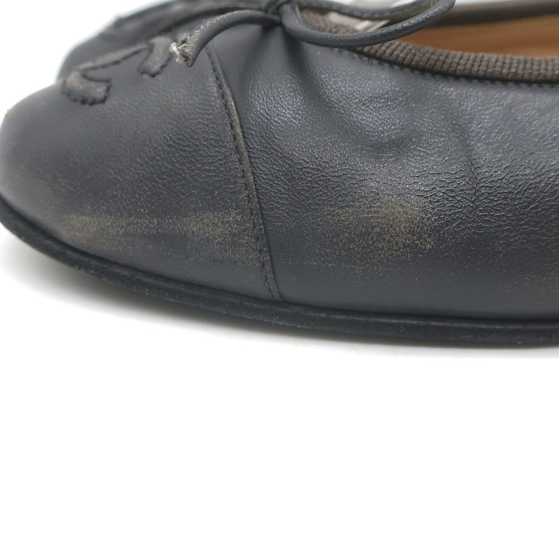Chanel CC Cap Toe Ballet Flats Dark Gray Leather Size 36