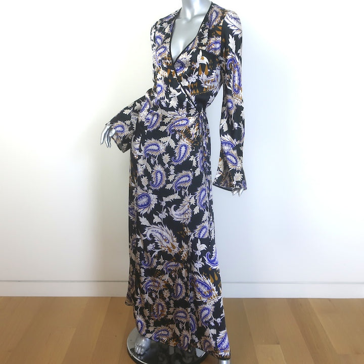 forte_forte Long Sleeve Maxi Wrap Dress Black Paisley Print Silk Satin Size 1