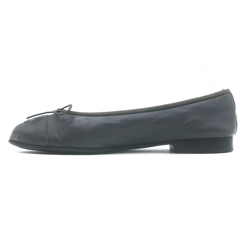 Chanel CC Cap Toe Ballet Flats Dark Gray Leather Size 36