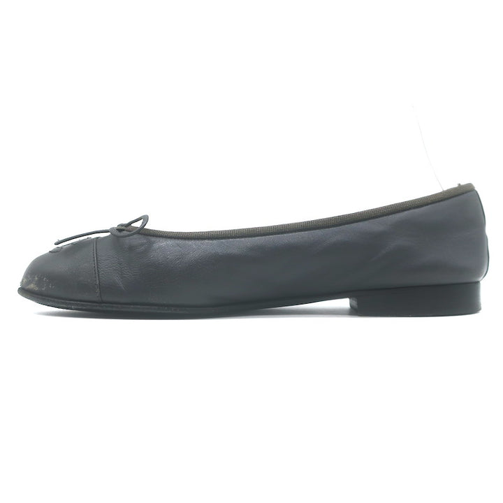 Chanel CC Cap Toe Ballet Flats Dark Gray Leather Size 36