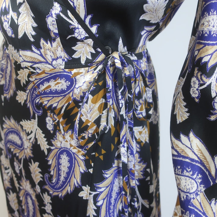 forte_forte Long Sleeve Maxi Wrap Dress Black Paisley Print Silk Satin Size 1