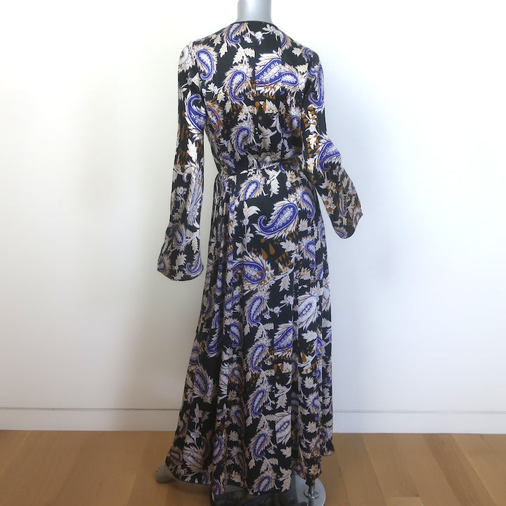 forte_forte Long Sleeve Maxi Wrap Dress Black Paisley Print Silk Satin Size 1