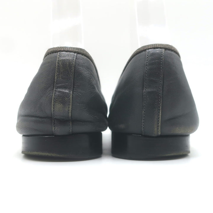 Chanel CC Cap Toe Ballet Flats Dark Gray Leather Size 36
