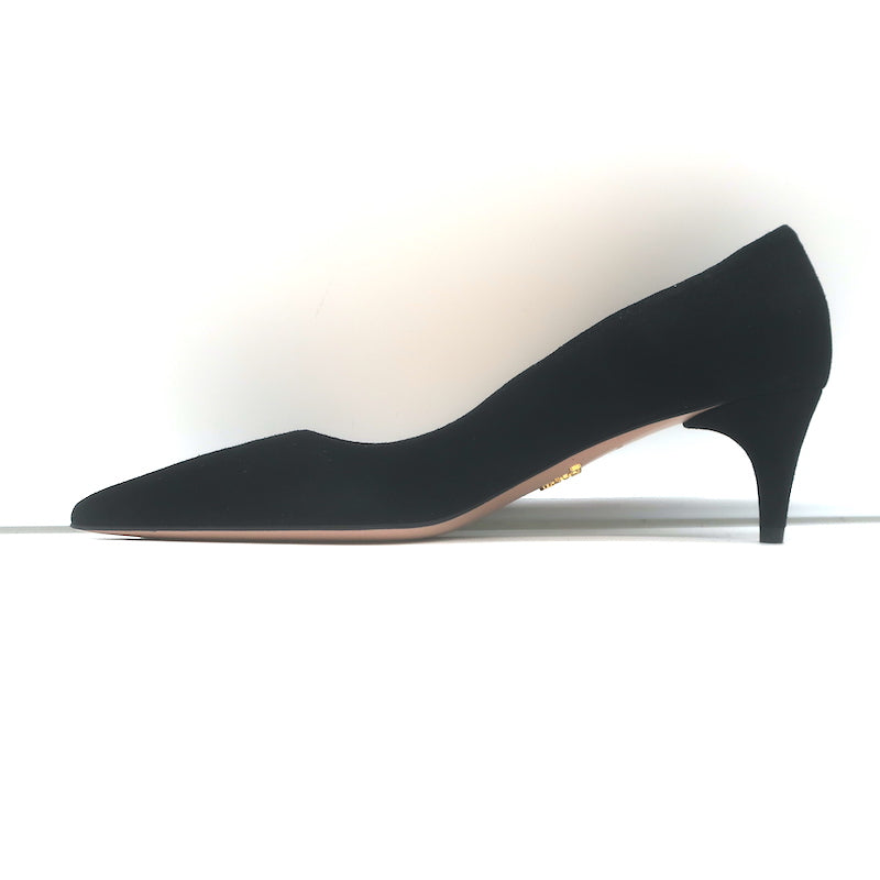 Prada Pointed Toe Kitten Heel Pumps Black Suede Size 37 NEW