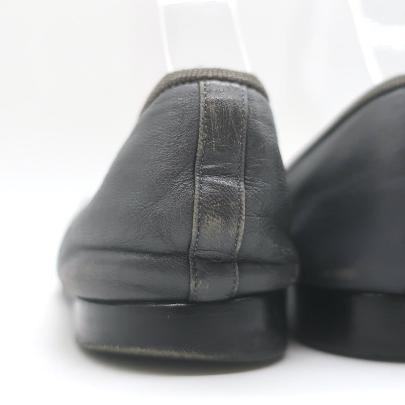 Chanel CC Cap Toe Ballet Flats Dark Gray Leather Size 36