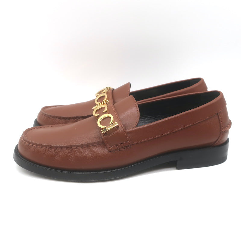 Gucci Cara Logo Loafers Brown Leather Size 39