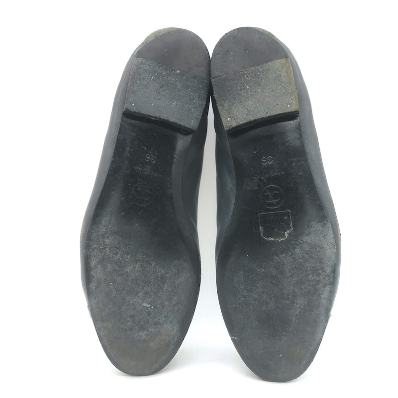 Chanel CC Cap Toe Ballet Flats Dark Gray Leather Size 36