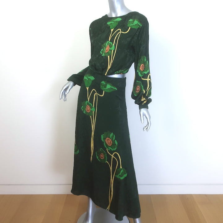 Johanna Ortiz Floral Jacquard Reversible Crop Top &amp; Midi Skirt Set Green Size 2