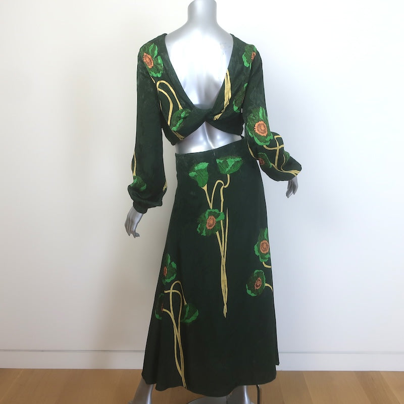 Johanna Ortiz Floral Jacquard Reversible Crop Top &amp; Midi Skirt Set Green Size 2