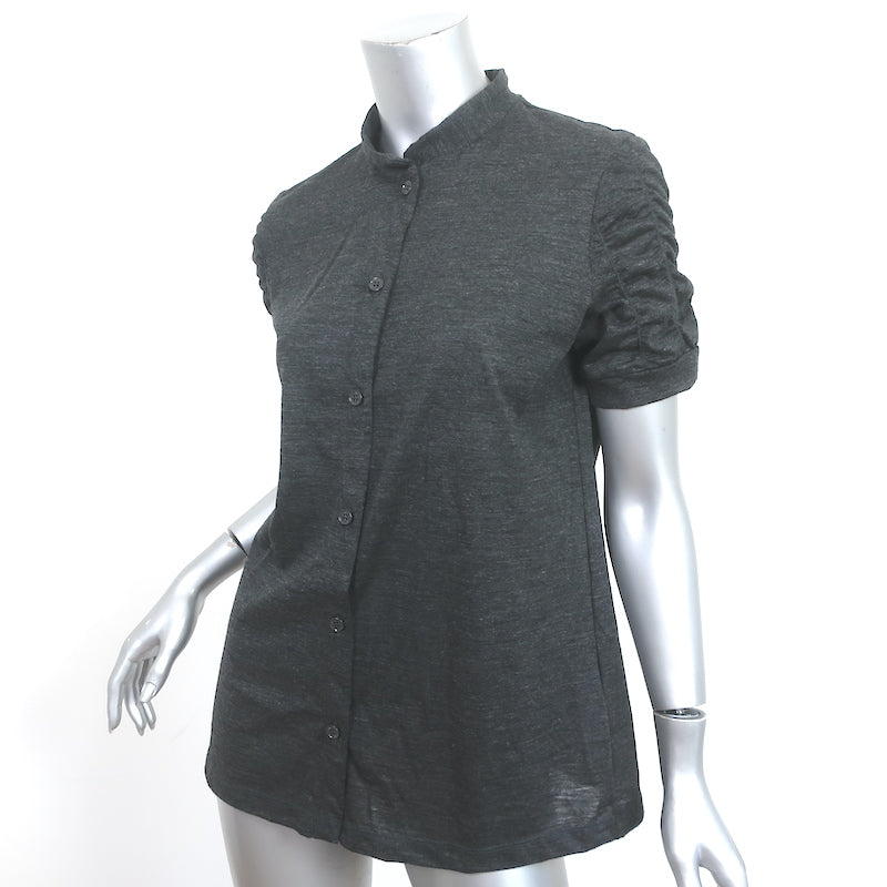 Love Moschino Ruched-Sleeve Button Down Shirt Charcoal Wool Jersey Size US 10