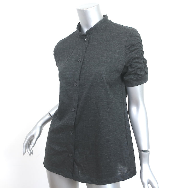 Love Moschino Ruched-Sleeve Button Down Shirt Charcoal Wool Jersey Size US 10