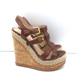 Prada Platform Cork Espadrille Wedge Sandals Brown Buckled Leather Size 35.5