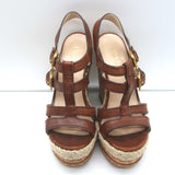 Prada Platform Cork Espadrille Wedge Sandals Brown Buckled Leather Size 35.5
