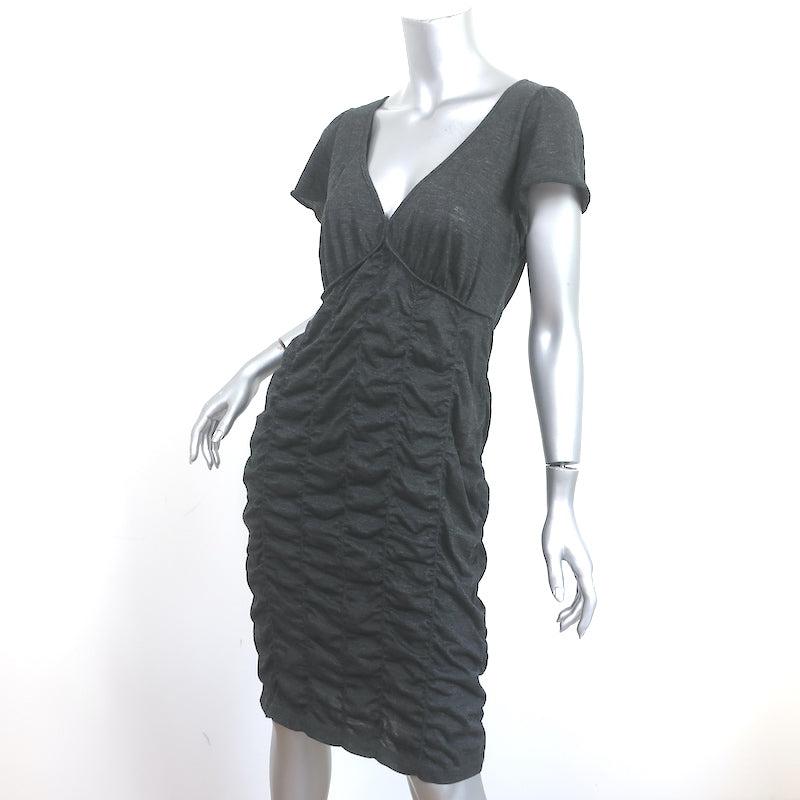 Love Moschino Dress Charcoal Ruched Wool Jersey Size US 12 Short Sleeve V-Neck