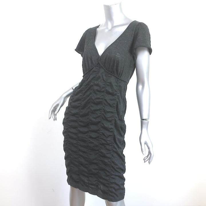 Love Moschino Dress Charcoal Ruched Wool Jersey Size US 12 Short Sleeve V-Neck