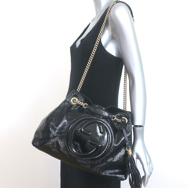 Gucci Soho Medium Chain Strap Shoulder Bag Black Patent Leather
