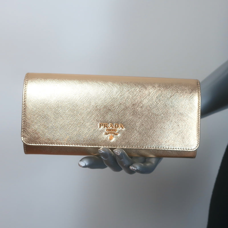 Prada Wallet on Chain Gold Metallic Saffiano Leather Small Crossbody Bag