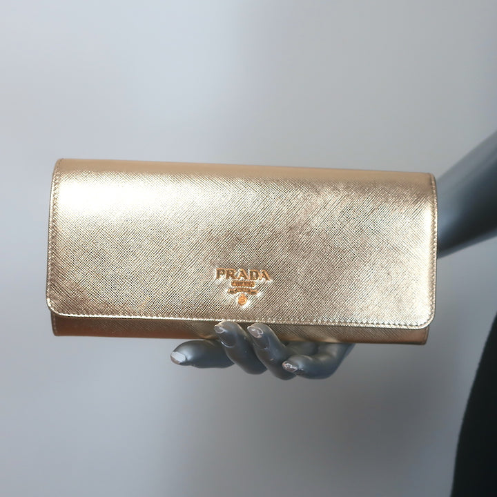 Prada Wallet on Chain Gold Metallic Saffiano Leather Small Crossbody Bag