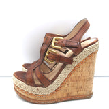 Prada Platform Cork Espadrille Wedge Sandals Brown Buckled Leather Size 35.5