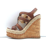 Prada Platform Cork Espadrille Wedge Sandals Brown Buckled Leather Size 35.5