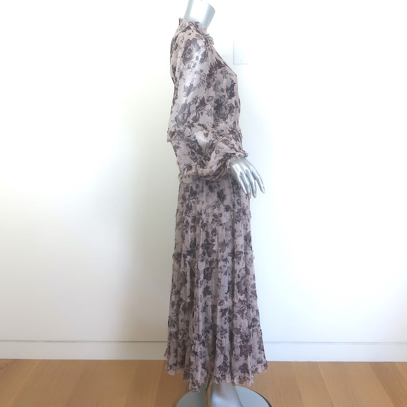 Zimmermann Juno Tiered Midi Dress Mauve Ruffled Floral Print Chiffon Size 2